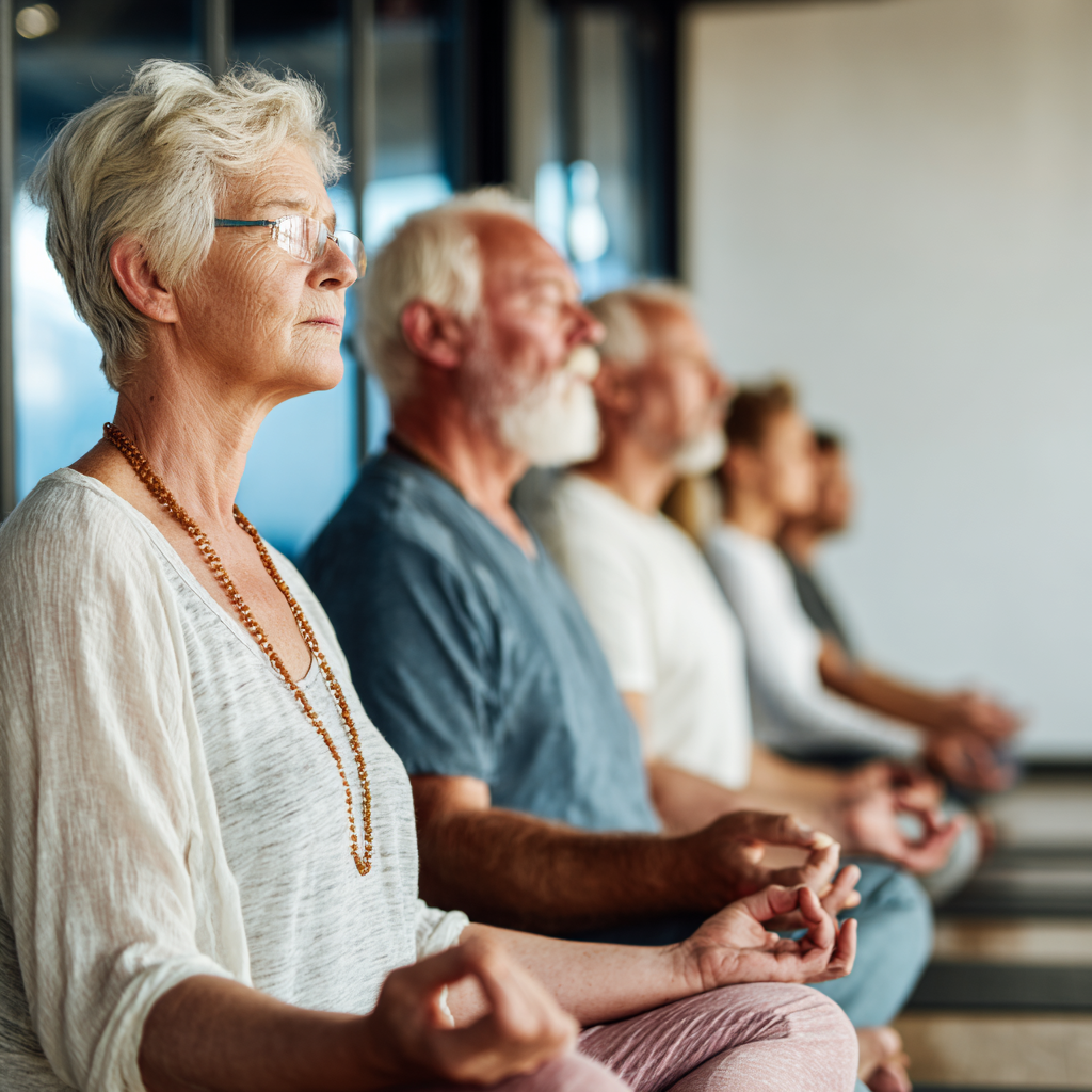 Older adults in seated meditation posture focusing on breathing techniques